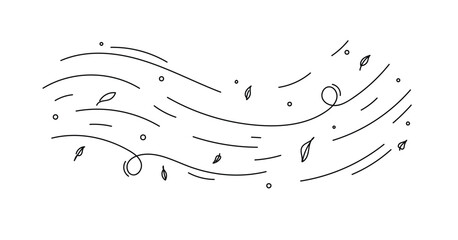 Leaf wind. Hand drawn doodle wind motion, air blow, leaf falling elements