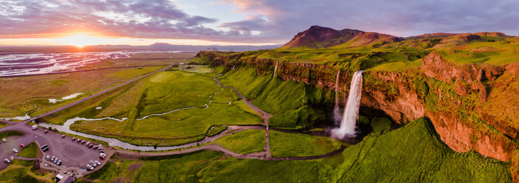 Aerial panoramic view of Seljalandsfoss waterfall at sunset, Iceland