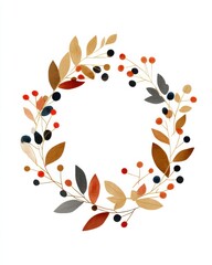 Colorful autumn wreath with leaves and berries on white background.