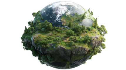 Floating island planet earth with forest and snow on transparent background
