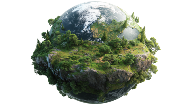 Floating island planet earth with forest and snow on transparent background - Powered by Adobe