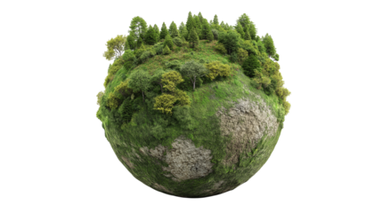 Small planet with dense forest and rocky terrain on transparent background