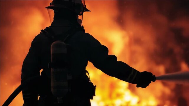 A firefighter standing amidst a burning building, ready for action.