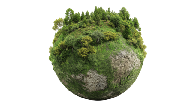 Small planet with dense forest and rocky terrain on transparent background