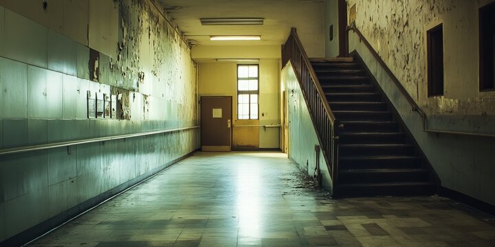 Empty, decaying hallway with stairs