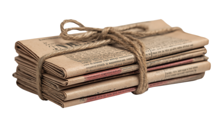 A stack of old newspapers tied with twine on transparent background