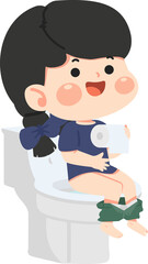 Cartoon Girl Sitting on Toilet Illustration