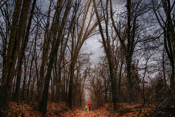 Father Son walking in Woods on Winters Day