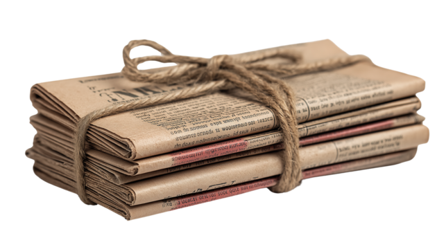 A stack of old newspapers tied with twine on transparent background