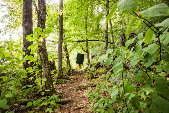 A rock climber walking a woodland trail with a crash pad on his back
