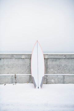 Surfboard in the winter snow