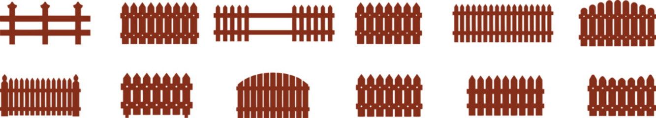 Collection of various brown wooden picket fences and garden fences