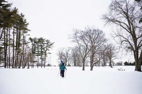 Couple cross country skiing in winter