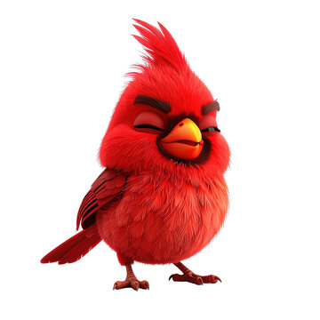 A cartoonish, angry-looking red bird with closed eyes, puffed up chest, and an orange beak, clipart, isolated on a transparent background.