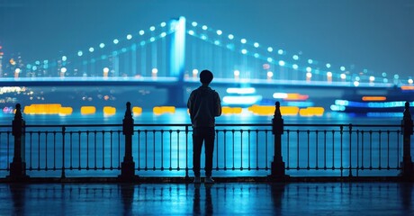 Silhouette views city lights, bridge. Person stands near railing, contemplating urban landscape. Night scene evokes solitude.