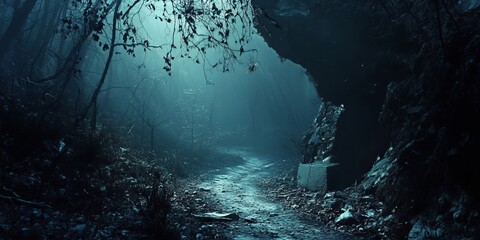 Misty, dark forest path leading into a cave