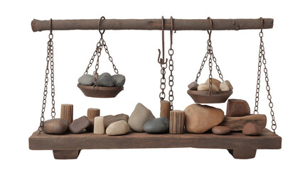 Balance scale with stones and wood pieces  on transparent background