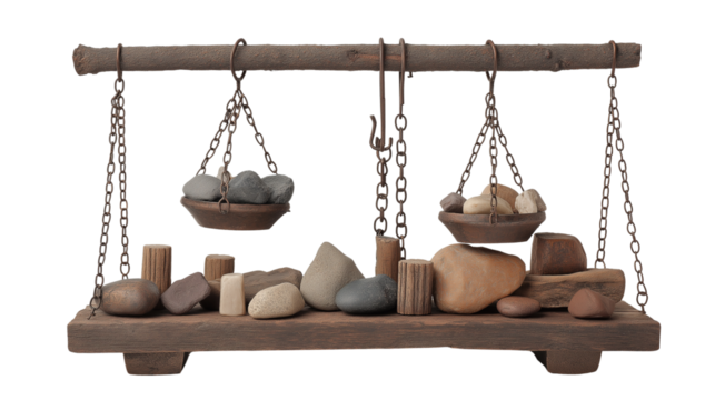 Balance scale with stones and wood pieces  on transparent background
