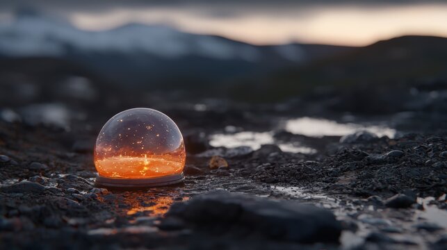 A snow globe with a warm glow sits on a rocky surface, with a breathtaking mountain range in the background.