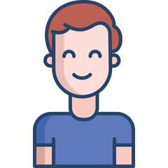 Simple Blue T-shirt wearing Smiling Person with Brown Hair and Closed Eyes on White Background