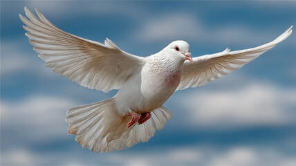 A white dove flying against a blue sky with clouds.