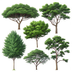  Lush green tree tops variety, element set on transparent background