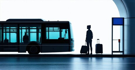 Fototapeta premium Silhouette depicts woman, luggage near bus stop. Bright light creates dramatic effect, emphasizing travel theme. Minimalist composition.