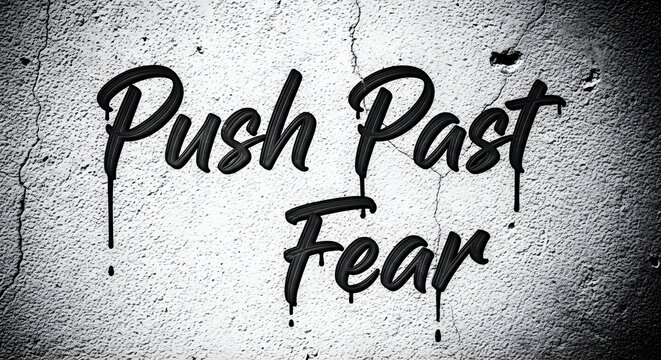 Inspirational graffiti art on a textured wall with the message 'Push Past Fear' encouraging courage and resilience
