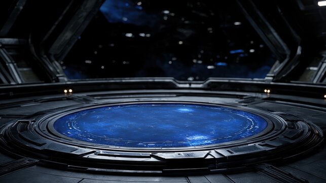 A futuristic spaceship interior with a circular blue portal at the center.