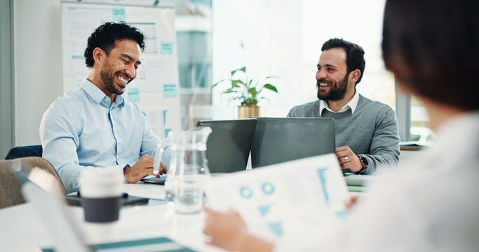 Happy, business people or meeting with documents for analytics or company performance in office. Group, employees or colleagues with paperwork or laptop for revenue, statistics or data in workplace