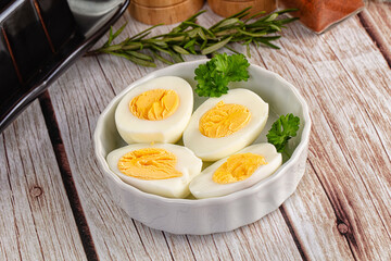 Boiled chicken eggs with bright yolk