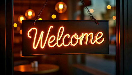 Glowing LED neon "Welcome" signage hanging from at front glass door of warm lit restaurant