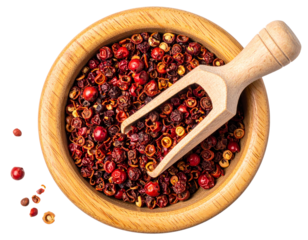  Dried Sichuan Peppercorns in Wooden Bowl with Rustic Scoop