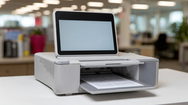 A printer with a digital screen in a modern office setting.