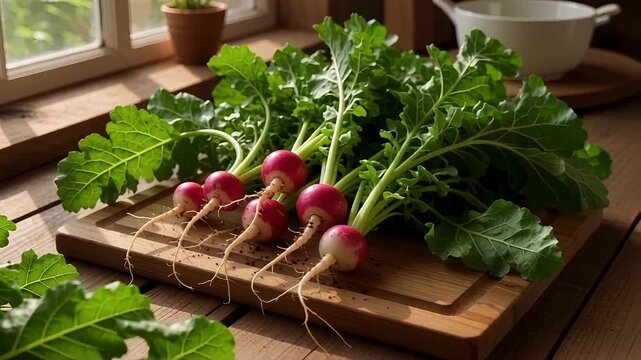 Freshly harvested radishes with vibrant green leaves resting on a wooden cutting board