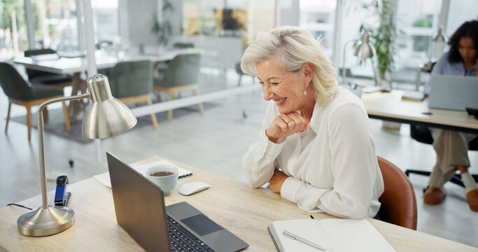Laptop, reading or happy woman at desk for planning, calendar review or brand awareness strategy. Promotion proposal, marketing director or mature person with pc in agency, check schedule or agenda