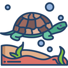 Simple cartoon illustration of a green sea turtle swimming underwater with bubbles and coral on a transparent background