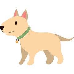 Simple cartoon illustration of a tan dog wearing a green collar with a bell standing against a transparent background in profile view facing left with a friendly expression