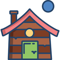 Simple Cartoon Log Cabin with Red Roof and Green Door Under a Blue Circle Sun on Transparent Background