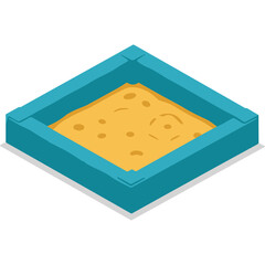 Simple Cartoon Sandbox With Teal Border And Yellow Sand With Shadows In Isometric View On White Background
