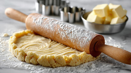 Rolling pin on raw dough with butter cubes in the kitchen.
