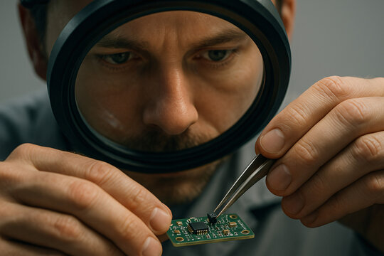 Focused Technician Examines Circuit Board Under Magnifying Glass for Quality Control