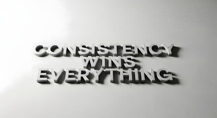 A minimalist image featuring three-dimensional white letters arranged to spell out the motivational phrase 'Consistency Wins Everything' on a plain light gray background