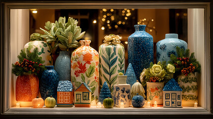 Cozy European winter street and holiday bakery watercolor scene