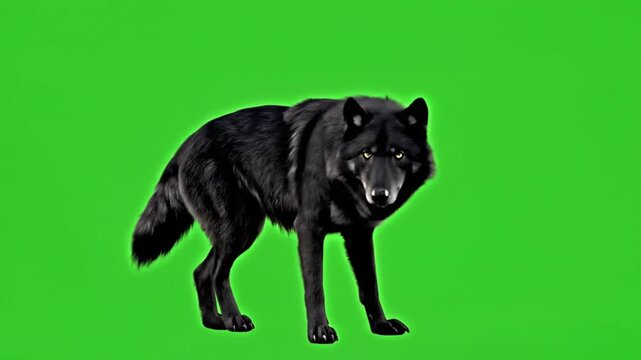 A powerful black wolf stands alert and stares intently at the camera, isolated against a solid green screen for easy chroma key compositing