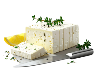 Gourmet Feta Cheese Block with Knife and Herbs in Minimalist Style