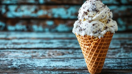 Vanilla ice cream with chocolate cookie pieces in a waffle cone on a rustic wooden table