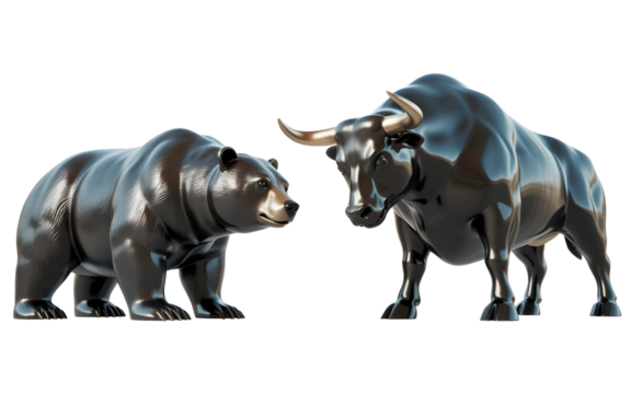 Bull and Bear: A striking bronze statue symbolizes the financial markets with a powerful bull and bear figures, set against a classic backdrop, embodies market dynamics.