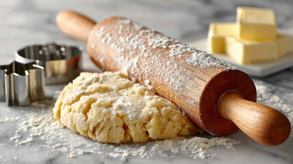 Cookie dough with rolling pin and butter on marble countertop