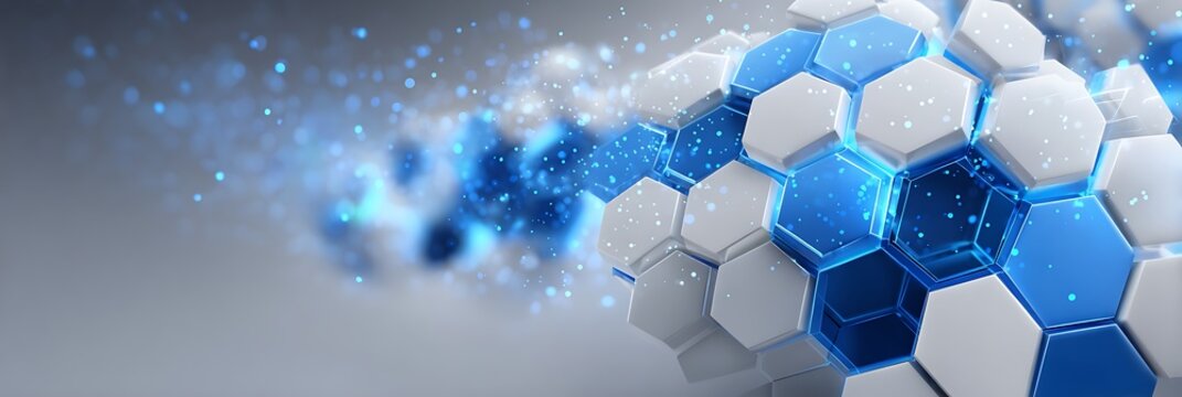 Abstract hexagonal network with glowing blue particles and light